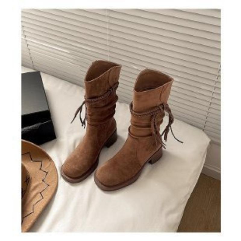 

Thick-soled boots female waste retro style knight boots matte fringed hemp rope thick heel medium boots 40