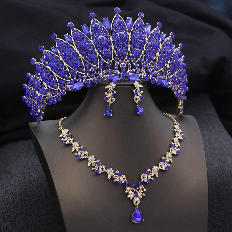 Quality Blue Tiaras and Crowns Bridal Jewelry Sets for Women Prom Wedding Crown necklace earrings Set Costume Accessories