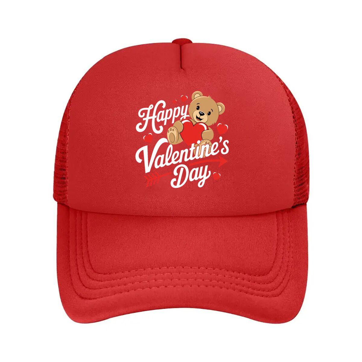 Teddy Bear Holding Heart In Valentine Arrow Design  Mesh Baseball Cap Hip Hop Adjustable