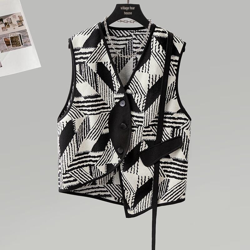 Sibaishai Women's Fashion Patchwork Single-Breasted Round Neck Vest