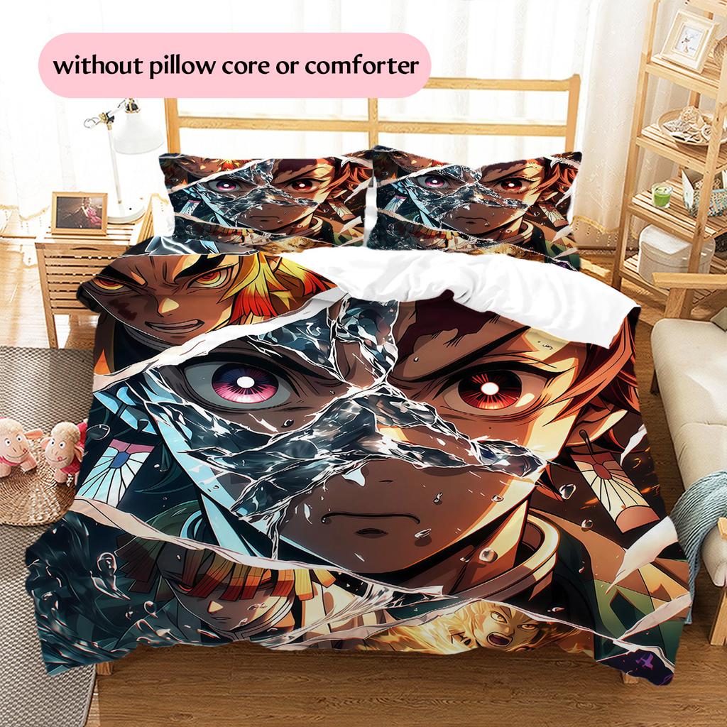 Demon Slayer Kimetsu No Yaiba Pattern Bedding Quilt Set Home Decoration Gift (1 * Duvet Cover + 2 * Pillowcase Without Core)