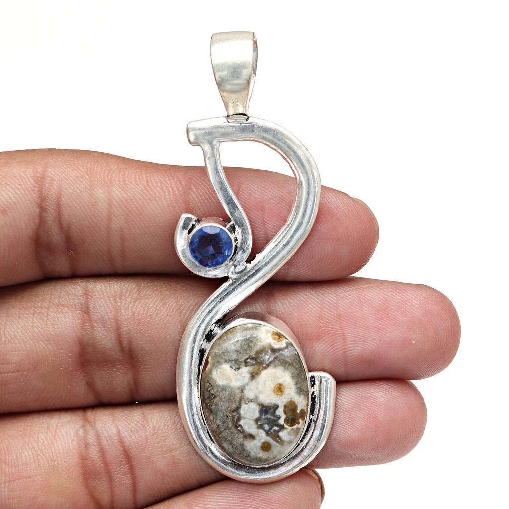 Ocean Jasper Tanzite Gemstone Mother's Day Silver Jewelry Pendant 2.75"