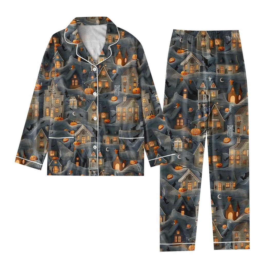 2-teiliger bedruckter Damen-Anzug, langärmelig, Oberteil mit Knopfleiste, weite Hosen, Anzug-Set, Schlafanzug, Home-Casual-Anzug