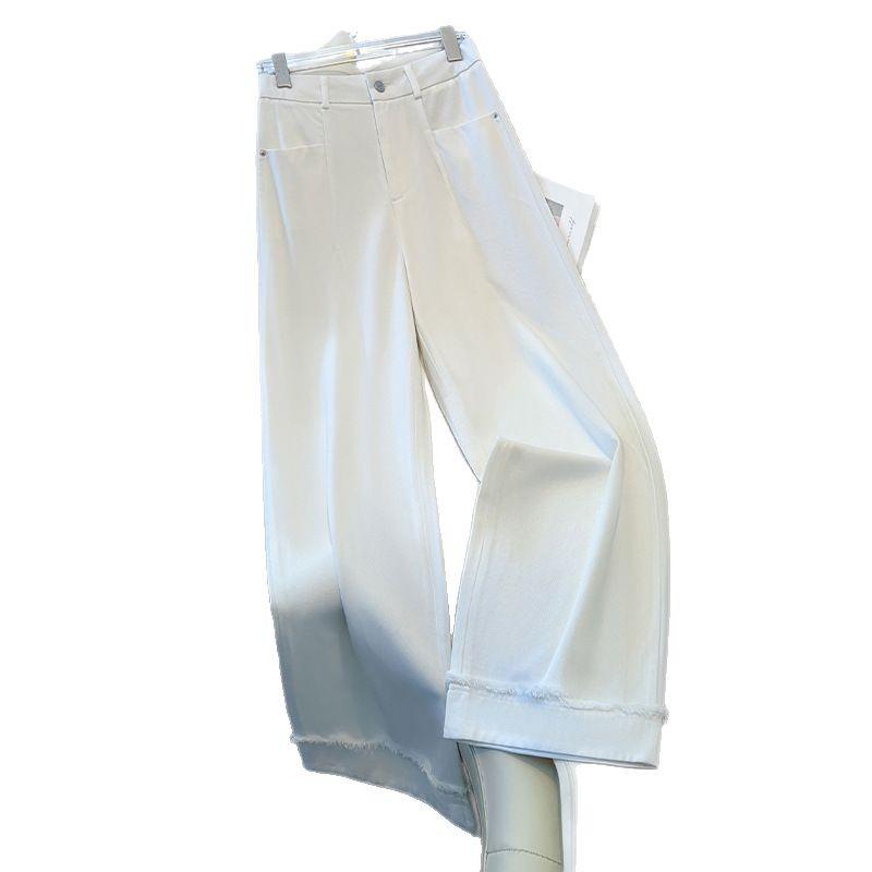 Women's White Wide-Leg Jeans 2025 - High-End Drapey Nine-Point Frayed Edge Straight Leg Trousers for Spring and Autumn