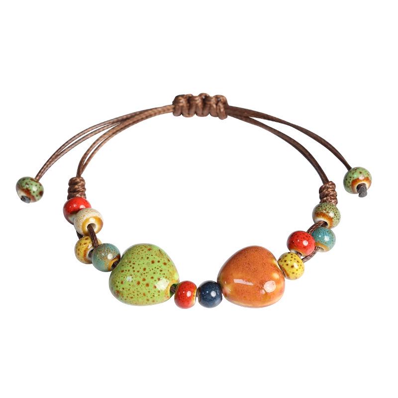 Jingdezhen Porcelain Beaded Bracelet: Floral Glaze Heart Charm for Women, Couples & Friends