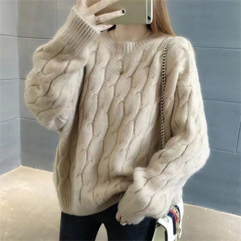 Winter Women's Sweater Women's Loose Pullover Thickened Round Neck Fried Dough Twists Knit
