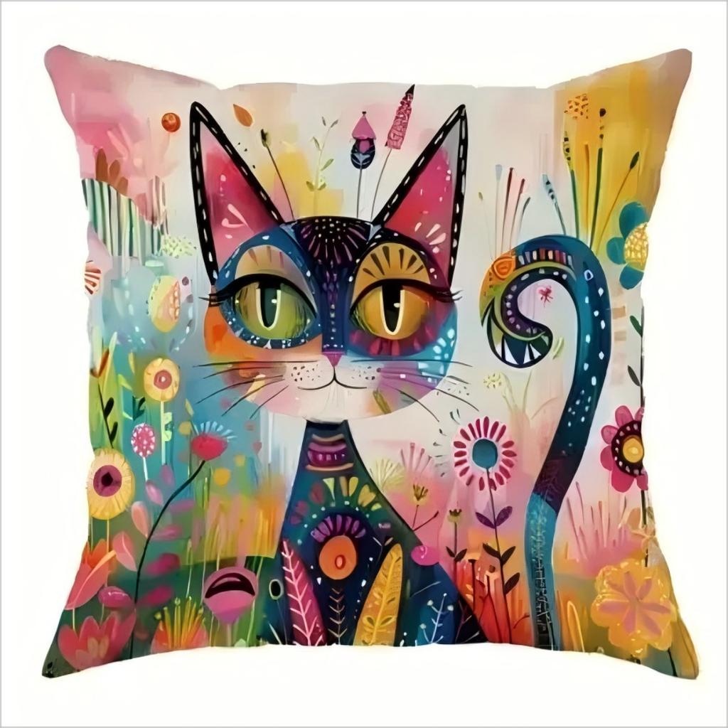 Bohemian Cat Print Pillow Cover Colorful Floral Cat Cushion Case For Sofa Bedroom Living Room, Artistic Cat Home Decor