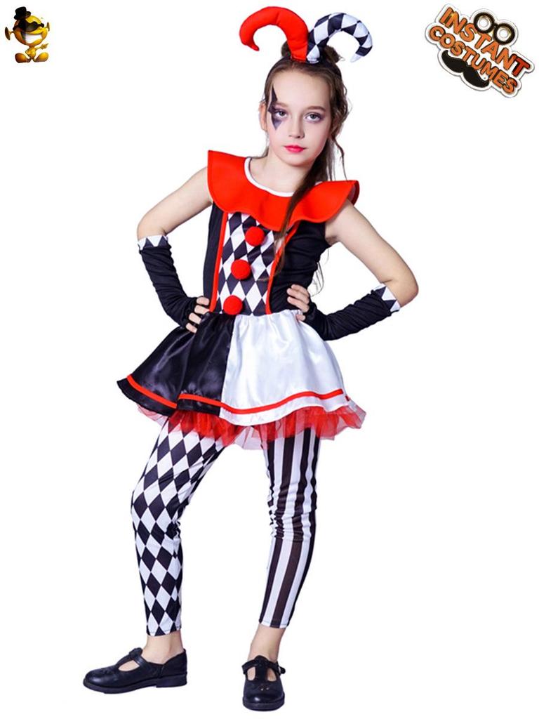 Flickors Rutiga Clown Halloweenkostym med Djävulshorn och Kjol
