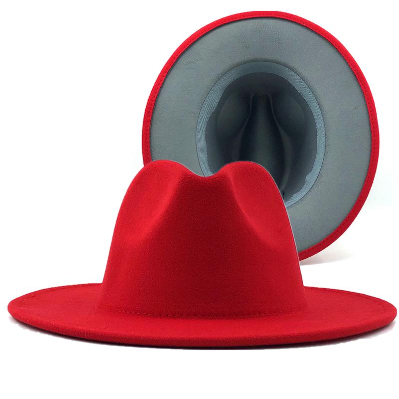 Unisex Outer Rose Inner Green Wool Felt Jazz Fedora Hats with Thin Belt Buckle Men Women Wide Brim Panama Trilby Cap L XL