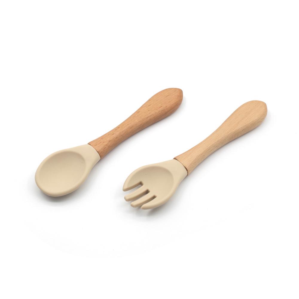 Silicone Baby & Toddler Tableware with Wooden Handle Fork & Spoon for Feeding Training