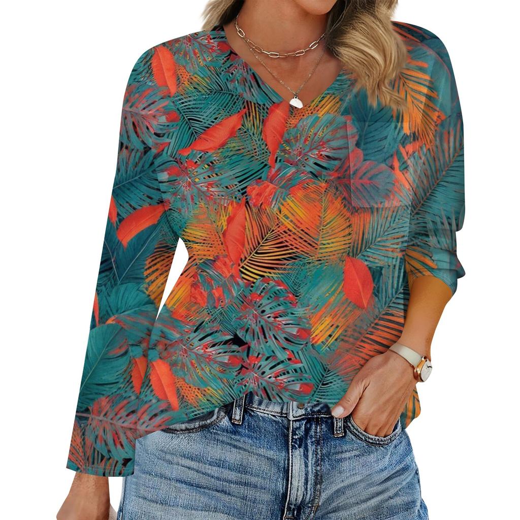 Women's Raglan Long Sleeve V-Neck T-Shirt Splicing Solid Color Casual Top Pullover V-Neck Pocket Bottoming Shirt