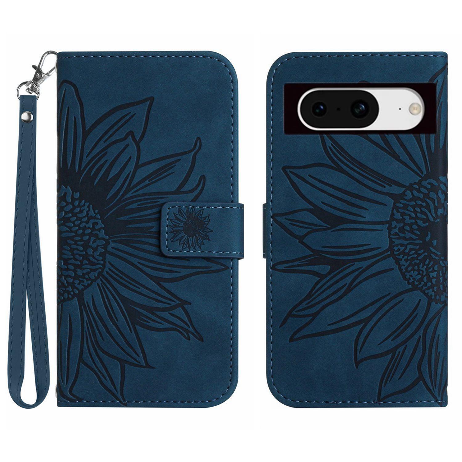 

HT04 For Google Pixel 8a Cover PU Leather Stand Phone Wallet Case with Wrist Strap Dark Blue