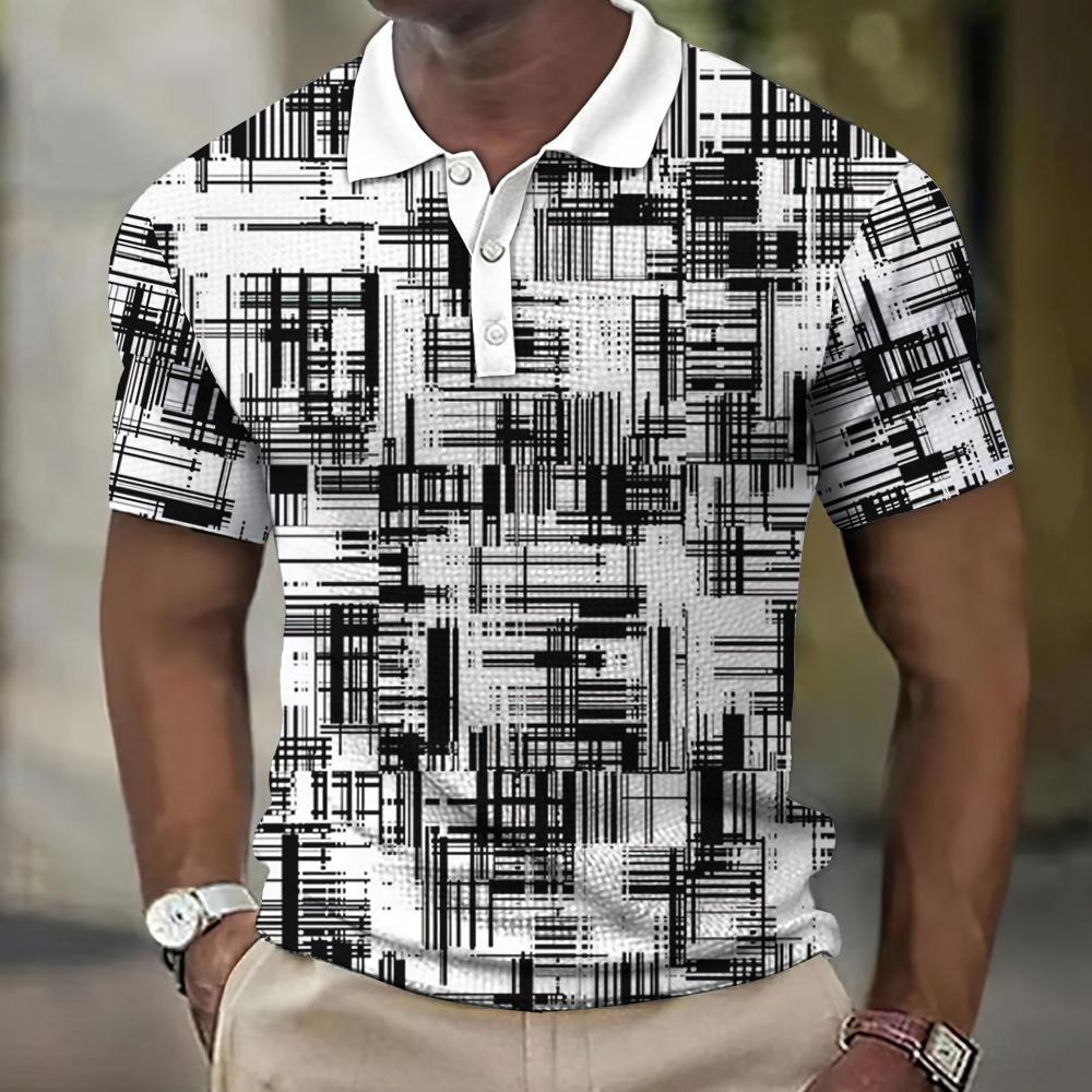 Men's 3D Plaid Print Casual Loose Short Sleeve Polo Shirt