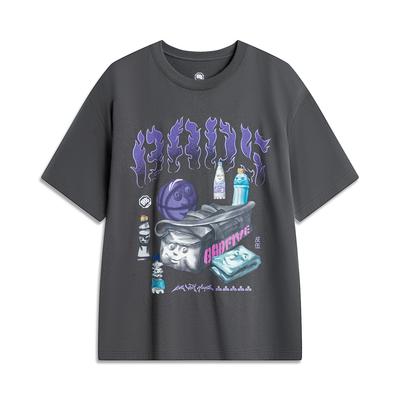 Li Ning X Badfive Basketball Series Collaboration Round Neck Letter Pattern Short Sleeve T-Shirt Men Tops Graphite-Grey AHSU151-6