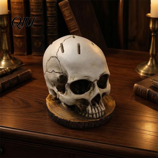 Odolný pryskyřičný blok na nože s držákem lebky, Strašidelný stojan s hlavou kostlivce se 7 přihrádkami, Halloweenský stojan na nože pro gotickou kuchyňskou desku