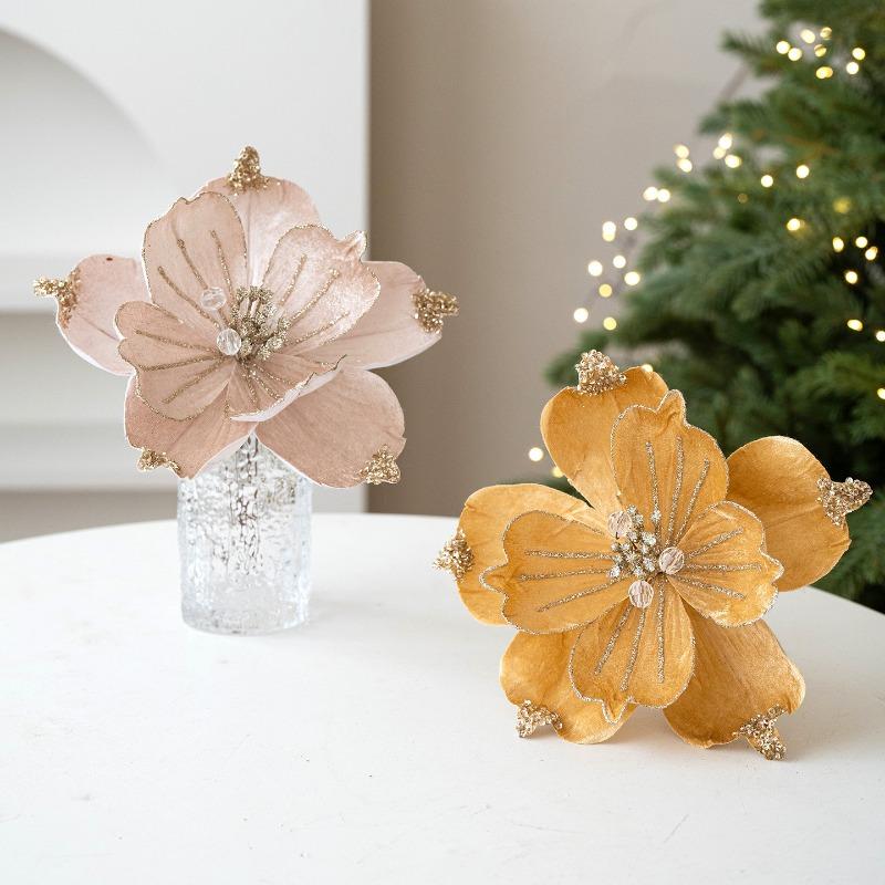 New Christmas Decorations Simulation Flower Christmas Flower 22cm Fabric Sticky Powder Sequins Simulation Magnolia Flower