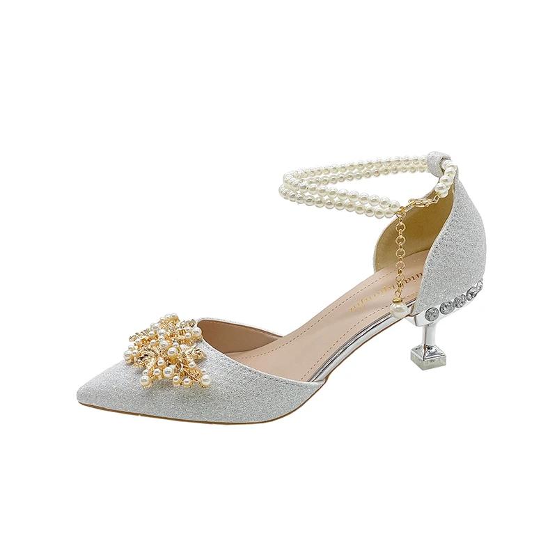 Fashion Shoes Women High Heels Women Wedding Shoes Bride Shoe Ladies Pumps Sandals Pearl Ankle Buckle Elegant Dress Women Heeled Shoes