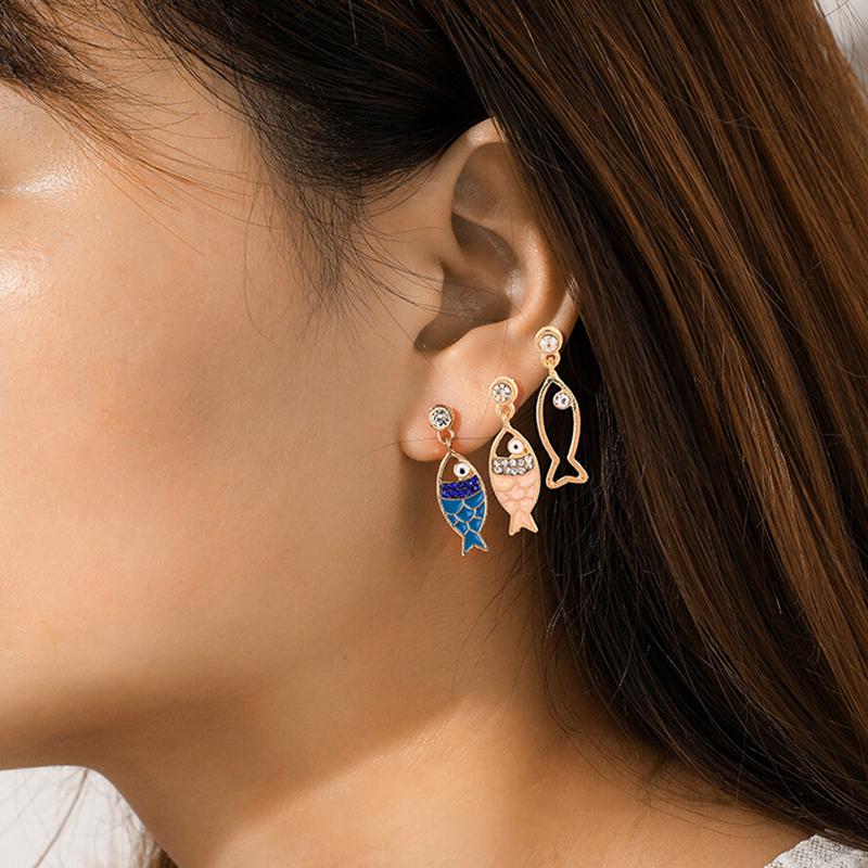 

3 шт./компл. Модные женские богемные серьги-гвоздики с подвесками в виде морских рыб и кристаллов 1