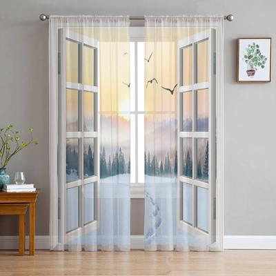 Sunrise Snow Footprints Tulle Curtains for Living Room Bedroom Decoration Chiffon Sheer Voile Kitchen Window Curtain Drapes