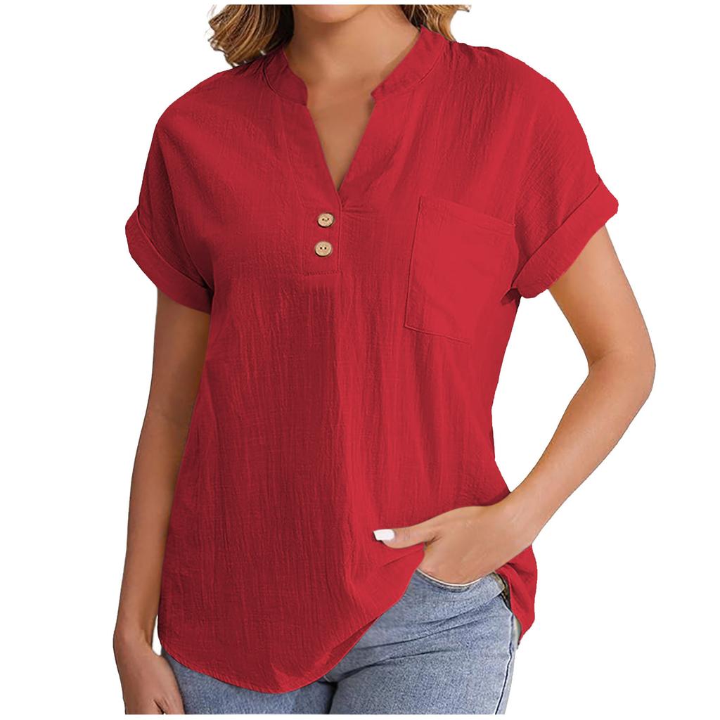 Women's Solid Color V-neck Short Sleeve Button Shirt In Breathable Cotton Linen with Washed Wrinkle, Fashionable European/American Style