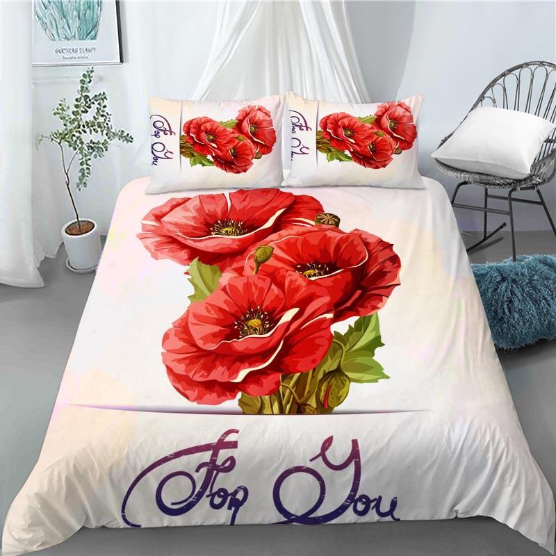 3D Red Poppy Duvet Cover King Queen Size Beautiful Flower Polyester Quilt Cover with Pillowcases Kids Adults Home Bedroom Decor