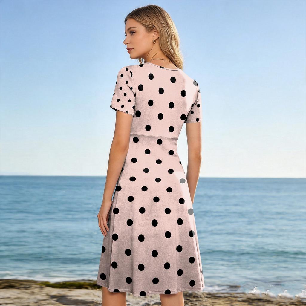 Women's Casual V Neck Short Sleeve Polka Dot Print Dress Midi Length Elastic Waist Summer Dress for Daily Wear