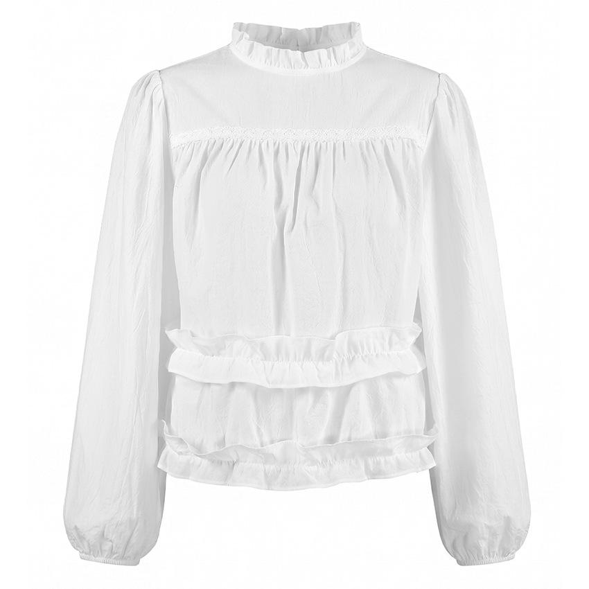 1116 spring and summer new European and American pure cotton shirt women's design sense round neck wooden ear edge bubble sleeve pleated top