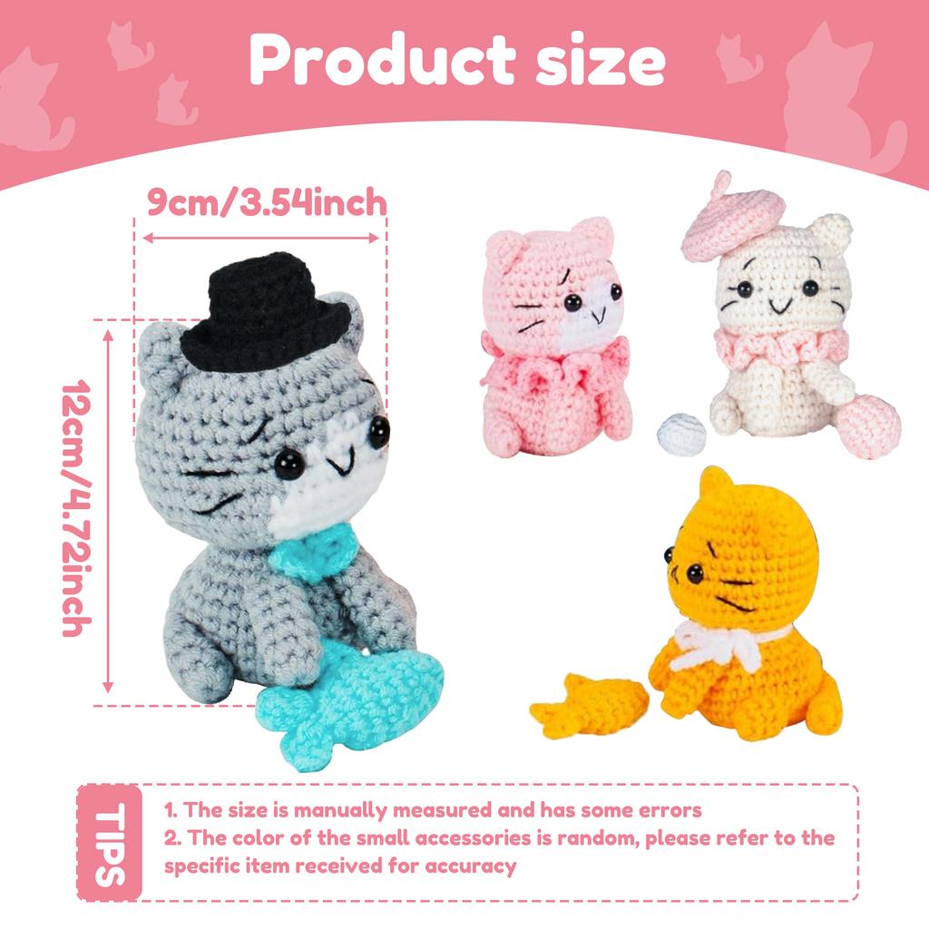 4Pcs Crochet Kit for Beginners DIY Knitting Craft Kit Fun Cat Crochet Set Cute Crocheting Cat with Accessories and Tutorial
