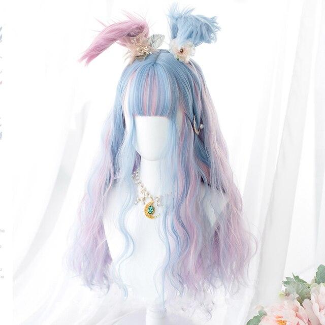 LUPU Lolita Wigs For Women Cosplay Pink Purple Blue White Colored  Long Natural Wave Synthetic Hair Cute Fashion Wig With Bangs