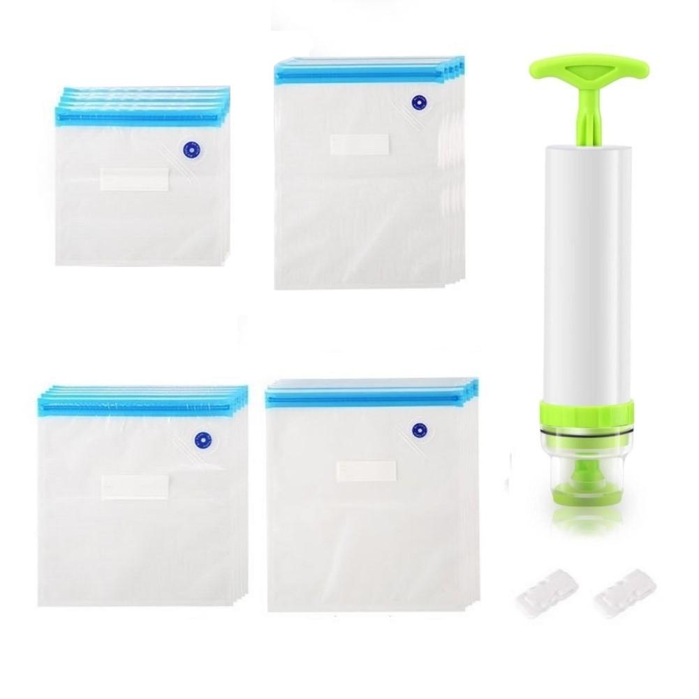 10 Pezzi Sigillatore Riutilizzabile Set Sacchetti di Plastica Pompa a Mano Per Conservazione Cibo Sacchetti Sottovuoto Salvaspazio Sigillatura Sottovuoto Cibo per la Casa