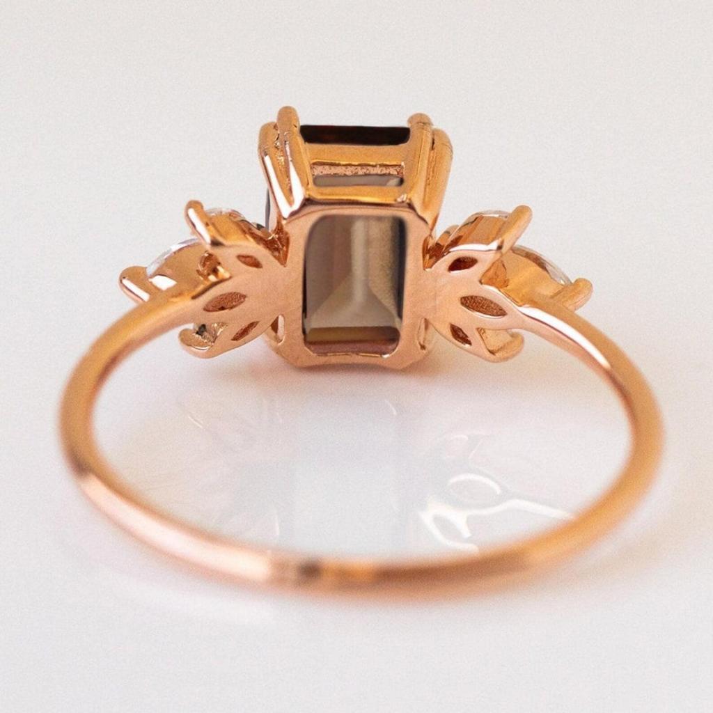 Emerald Cut Smoky Quartz & Black Onyx Ring – Yellow Gold Plated Cluster Statement Ring, Engagement Wedding Jewellery Gift for Women
