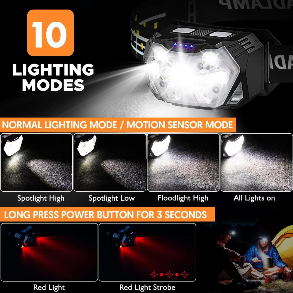 2000LM Ultra Bright 9 LED Headlamp USB C Rechargeable Headlight 10 Modes Waterproof Motion Sensor Head Lamp Work Flashlight