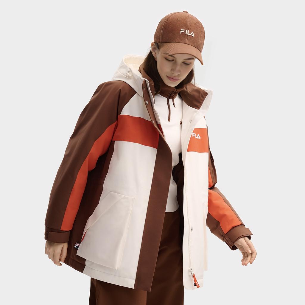 FILA Original Fashion Casual Sports Personality Trendy Color Block Loose Mid-Length Down Jacket Women Outerwear Mulan-Brown F11W549903FBN