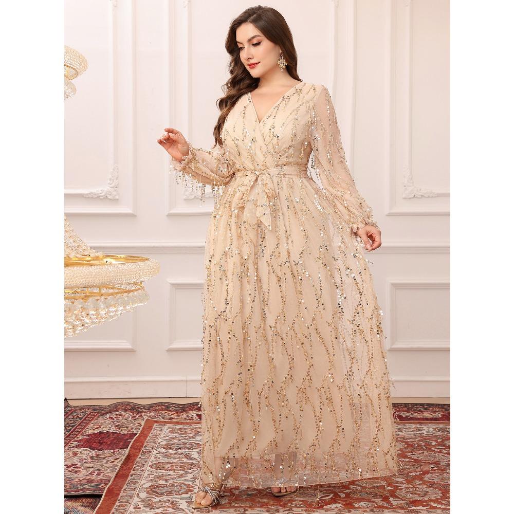 Plus Size Womens Elegant Sequined Bridesmaid Dress V-Neck Long Sleeve Slit Fitted Temperament Wedding Party Dress
