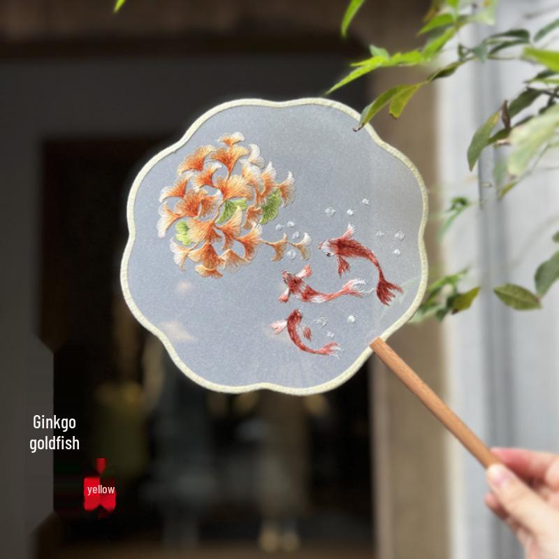 Lingjuan Palace Double-Sided Embroidered Lotus Fan: Beechwood Handle, Classical Chinese Dance Fan