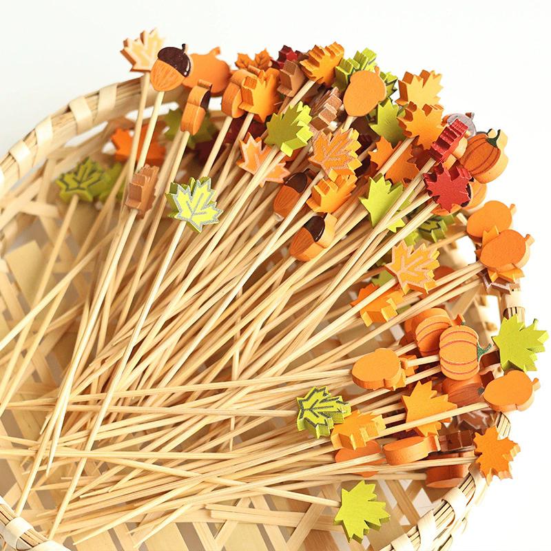 WTEMPO Elegant Fall Party Decorations Pumpkin & Maple Leaf & Acorn Designs Skewers for Thanksgiving Day Halloween Harvest Parties Festive Party