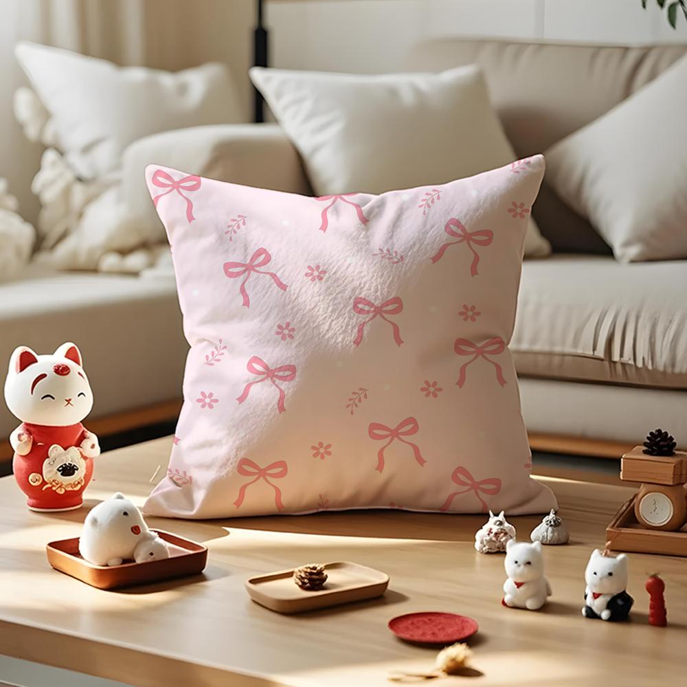 Beautiful Pink Bow Cherry Cushion Cover Anti-Dustmite Pillowcase Invisible Zipper Silky Short Plush Sofa Cushion Cover