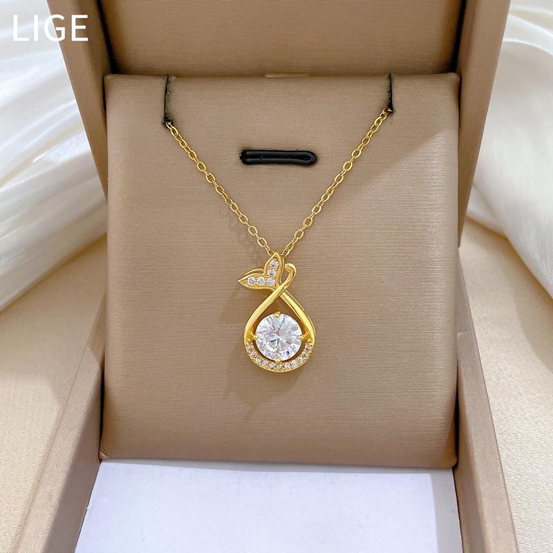Fish Tail Water Drop Full Diamond Fashion Light Luxury Temperament Gorgeous Full Diamond Necklace Female Versatile Collarbone Chain Titanium Steel
