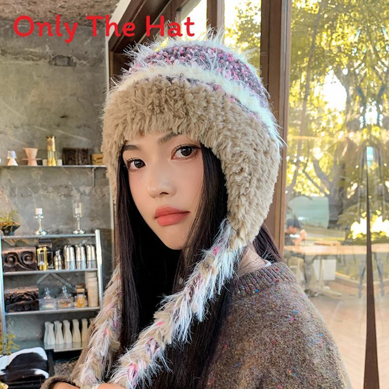 

Плюшевая вязаная шапка-бини на осень-зиму с термо-защитой ушей для женщин хаки