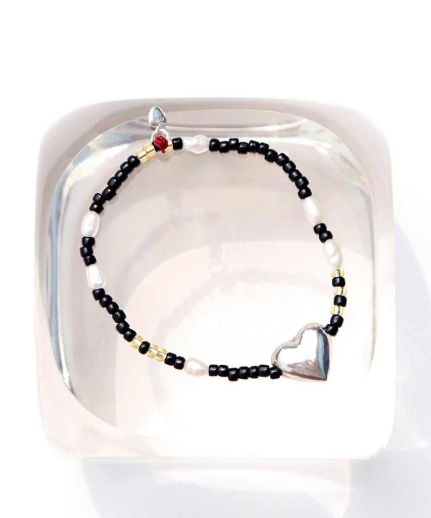 Bonbeau Silver Heart Pearl And Beads Bracelet 925 Silver Chubby Heart Freshwater Pearl Bead Banding Bracelet