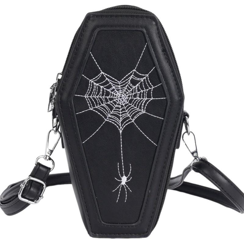 

WTEMPO Halloween Zipper PU Bags Gothic Coffin Shaped Crossbody Bags Halloween Spider/Spider Web Pattern Large Purses Vintage Single Shoulder Gift Bags 1pc чёрный