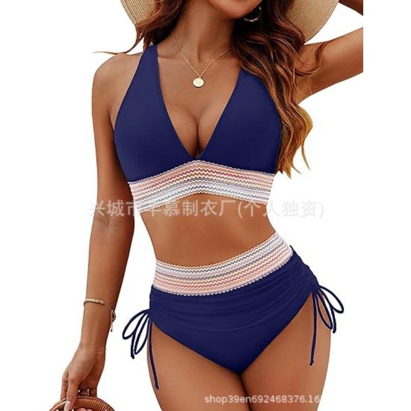 

New swimsuit women s split sexy bikini high waist belly hanging neck tight XXL темно-синього кольору