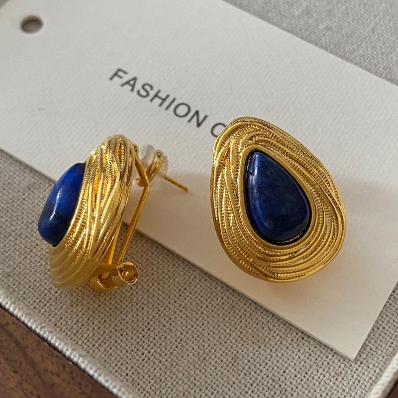 Teardrop Lapis Lazuli Stud Earrings - Vintage Mid-Century French Design