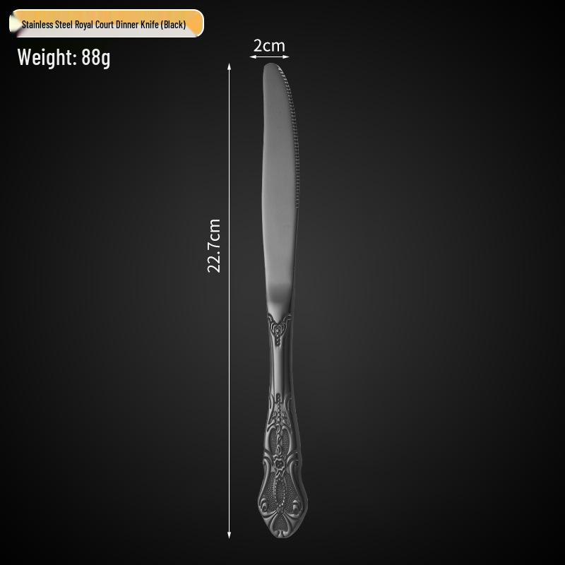 Royal Court 5-Piece Cutlery Set: Vintage Titanium-Plated Gold Stainless Steel Knife, Fork & Spoon with Embossed Hollow Design.