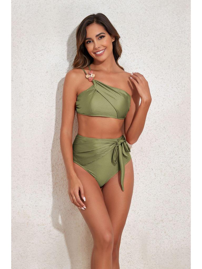 2025 Women's Beaded One-Shoulder Slimming Swimsuit: Tummy-Covering Bikini & Sun Protection Gauze Skirt