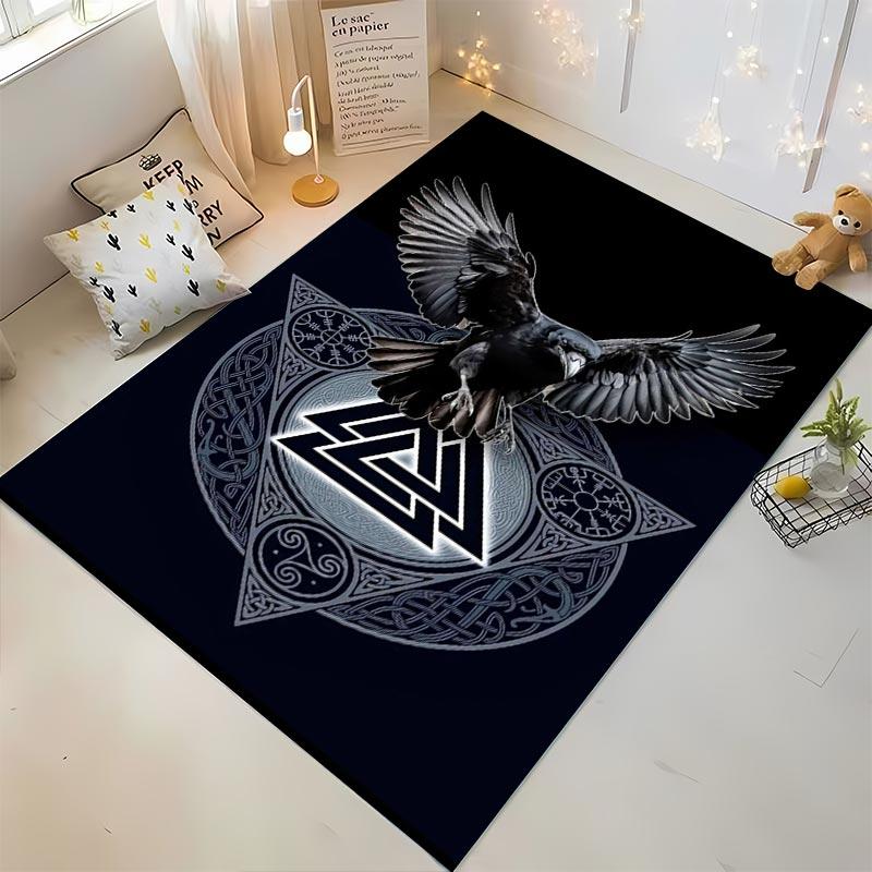 Nordic Raven Carpet with Valknut Symbol and Tribal Patterns Design Suitable for use as an anti-slip for living room bedroom sofas