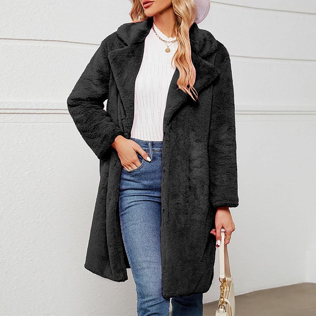 Jachetă de damă, de toamnă și iarnă, cu rever, de culoare uni, jachetă lungă de pluș