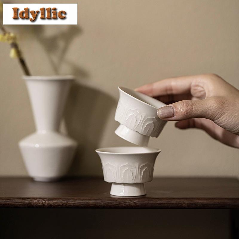 2pc/lot Plant Ash Handmade Relief High Foot Teacup Retro Tea Bowl Mug Tea-tasting Fragrance Cup Jianzhan Master Cups Cafes 45ml