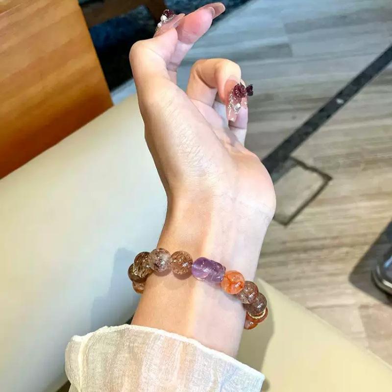 Red Resin Flower Design Crystal Bracelet, Fortune-Bringing Pixiu Silver Obsidian Black Gold Super Seven Bracelet for Women, Natural and Authentic