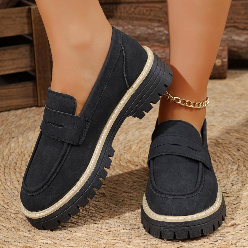 Women's Wide Width Suede Loafers, Chunky Heel Platform Oxford Shoes, Vintage Retro British Style Casual Slip-Ons
